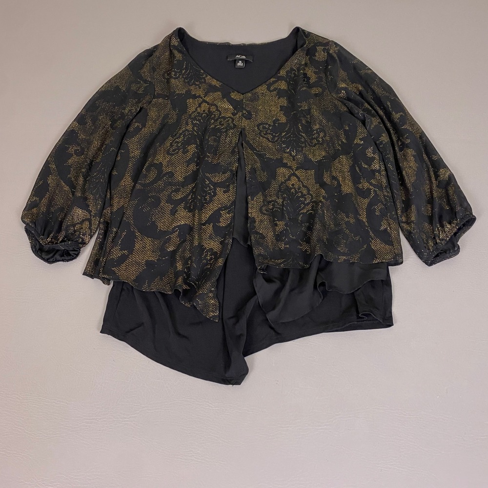 AGB Blouse Top Women's XL Black Gold Metallic Damask Layered V-Neck 3/4 Sleeve